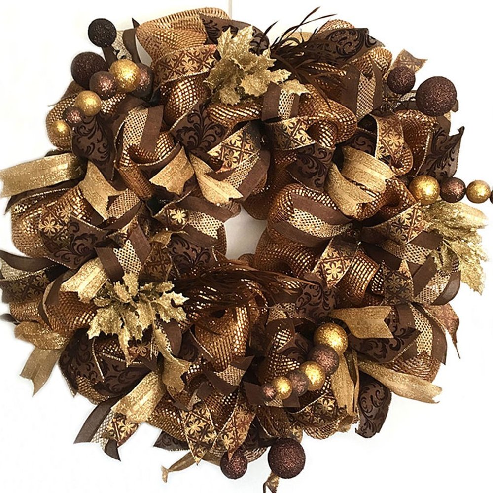 Elegant Bronze Gold Deco Mesh Wreath Winter Wreath Decoration for Door Holiday
